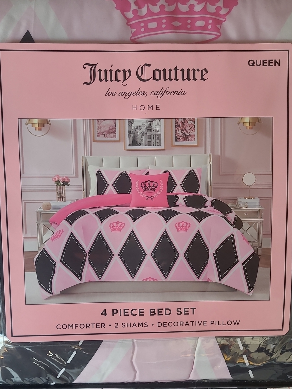 Juicy Couture Pink and Black Diamond-Print 4-Piece Comforter Set - Queen